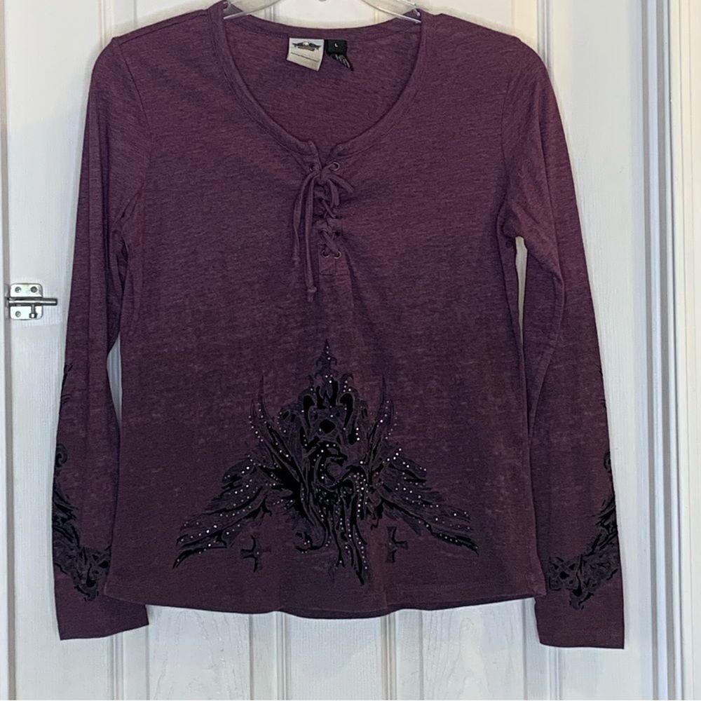 Harley Davidson Purple Embellished Long Sleeve Top Tie Front Size Large